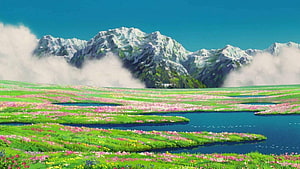 Howl's Moving Castle Animated Landscape with Snowy Mountains and Flower Fields HD wallpaper