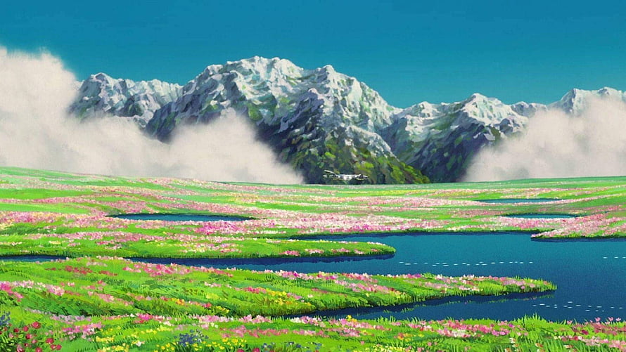 Howl's Moving Castle Animated Landscape with Snowy Mountains and Flower Fields HD wallpaper