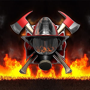 Firefighter Helmet and Crossed Axes Emblem Set Against Dramatic Flames HD phone wallpaper