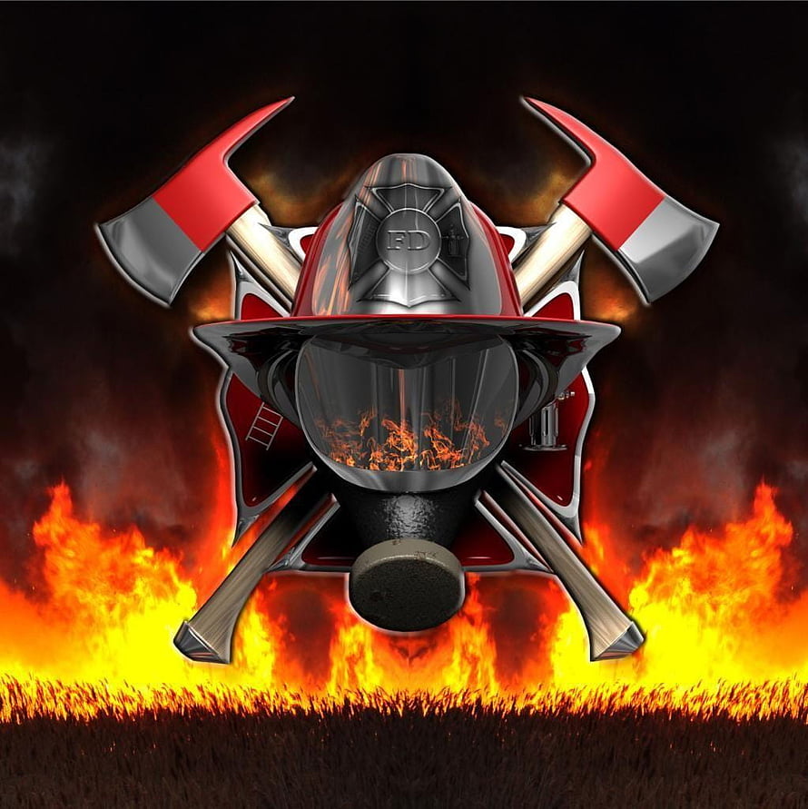 Firefighter Helmet and Crossed Axes Emblem Set Against Dramatic Flames HD phone wallpaper