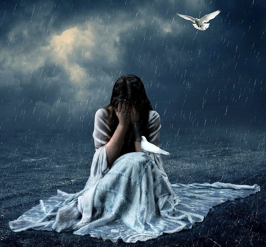 Woman in White Gown Crying in the Rain with Doves Under Stormy Sky HD wallpaper