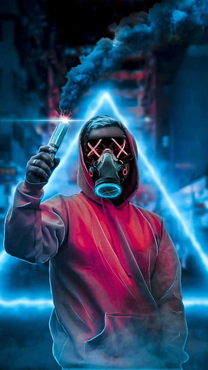 Cyberpunk Hacker in Red Hoodie Wearing Gas Mask and Neon Goggles HD phone wallpaper