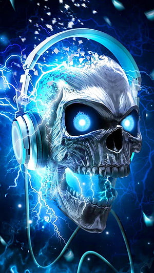 Electric Skull with Glowing Headphones and Blue Lightning Digital Art HD phone wallpaper