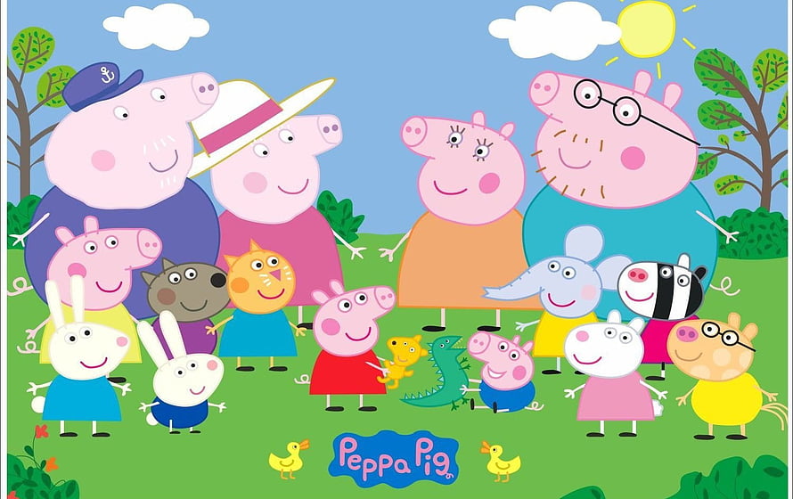 Peppa Pig Full Cast Group Portrait on Sunny Meadow with Friends and Family HD wallpaper