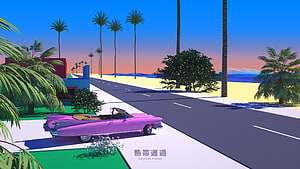 Hiroshi Nagai Tropical Transit Illustration With Pink Convertible And Palm Trees HD wallpaper