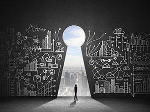 Businessman Standing Before Keyhole Wall of Financial Charts and Data Analytics, Best 6 Investment on Hip, banking HD wallpaper