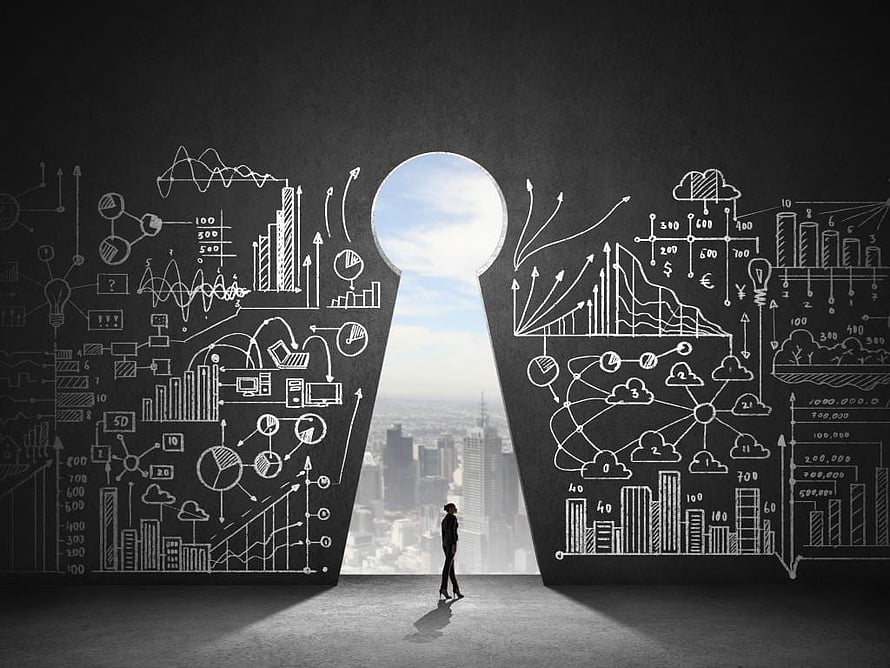 Businessman Standing Before Keyhole Wall of Financial Charts and Data Analytics, Best 6 Investment on Hip, banking HD wallpaper