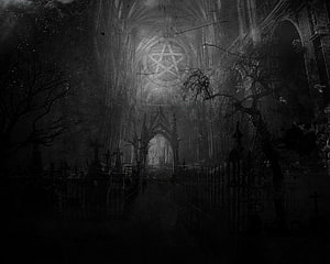 Dark Gothic Cathedral Interior with Pentagram and Creepy Cemetery Atmosphere HD wallpaper