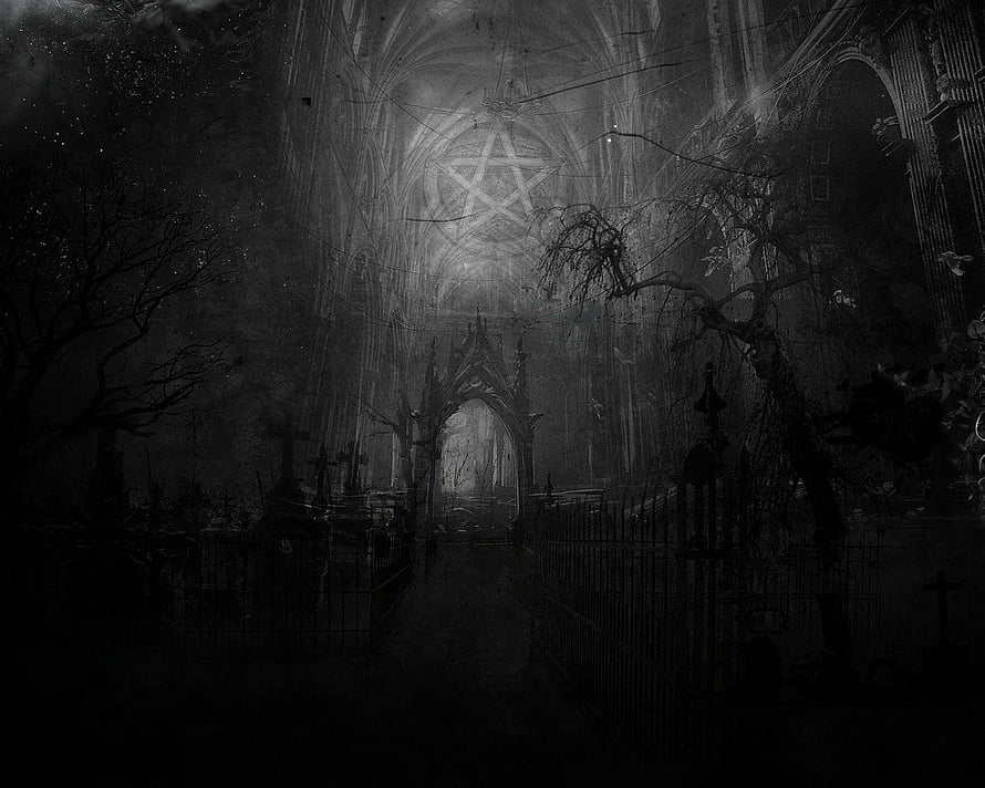 Dark Gothic Cathedral Interior with Pentagram and Creepy Cemetery Atmosphere HD wallpaper