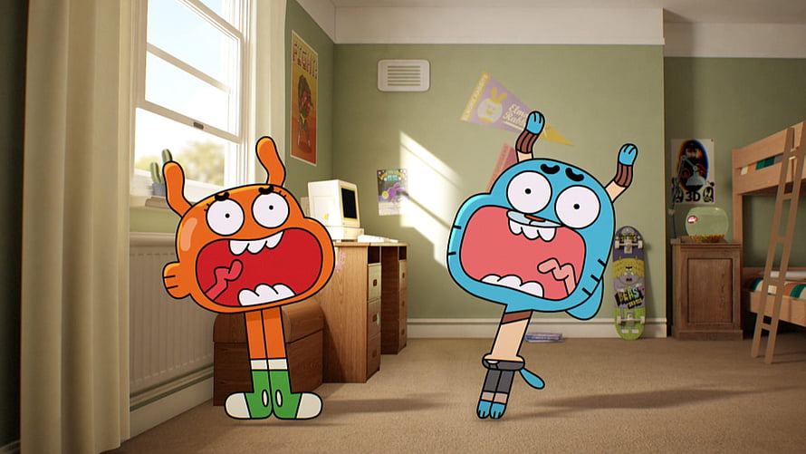 Gumball and Darwin in a Sunlit Bedroom with Excited Expressions HD wallpaper
