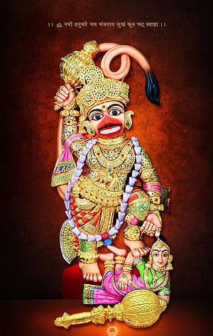 Sarangpur Hanuman Statue with Mace and Female Figure on Red Background, Sarangpur Hanuman by mahadevdevokdev, #sarangpur HD phone wallpaper