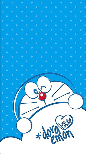 Cute Doraemon Peeking Wallpaper with Blue Polka Dot Background and Love Candies Logo HD phone wallpaper