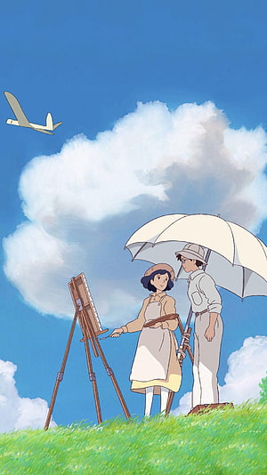The Wind Rises Anime Scene: Woman Painting on a Grassy Hill with Man and Airplane in Sky HD phone wallpaper