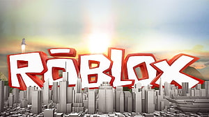 Roblox 3D Logo Rising Over a Monochromatic Blocky Cityscape at Sunset HD wallpaper