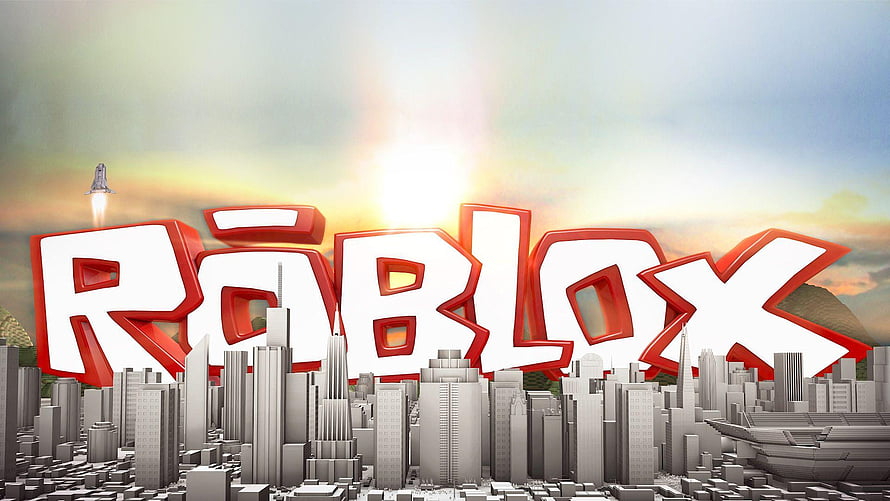 Roblox 3D Logo Rising Over a Monochromatic Blocky Cityscape at Sunset HD wallpaper