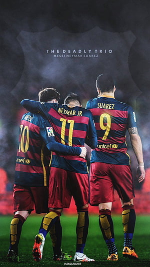 MSN Barcelona Trio: Messi, Neymar, and Suarez in Classic Striped Kits HD phone wallpaper