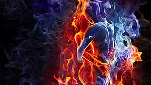 Ethereal Human Silhouette Formed by Swirling Fire and Smoke on Dark Background HD wallpaper