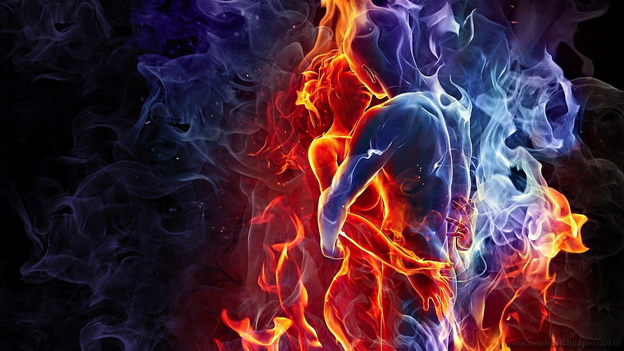 Ethereal Human Silhouette Formed by Swirling Fire and Smoke on Dark Background HD wallpaper