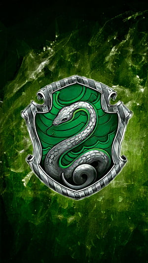 Slytherin House Crest with Silver Snake Emblem on Dark Green Textured Background HD phone wallpaper