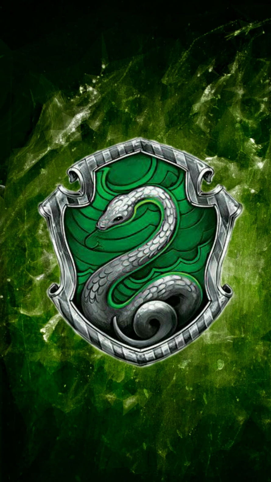 Slytherin House Crest with Silver Snake Emblem on Dark Green Textured Background HD phone wallpaper