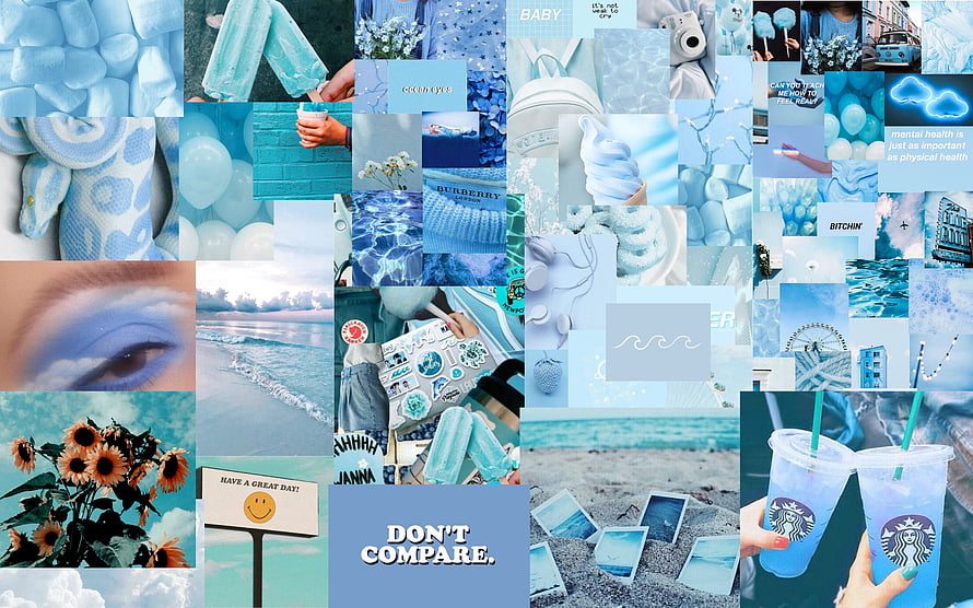 Light Blue Aesthetic Collage Featuring Ocean, Ice Cream, and Pastel Lifestyle Elements HD wallpaper