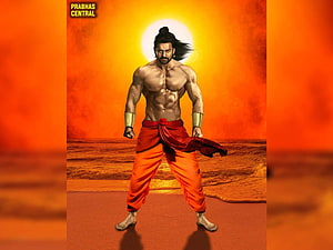 Prabhas Adipurush Warrior Pose with Red Dhoti and Golden Bracers Against Orange Sky HD wallpaper