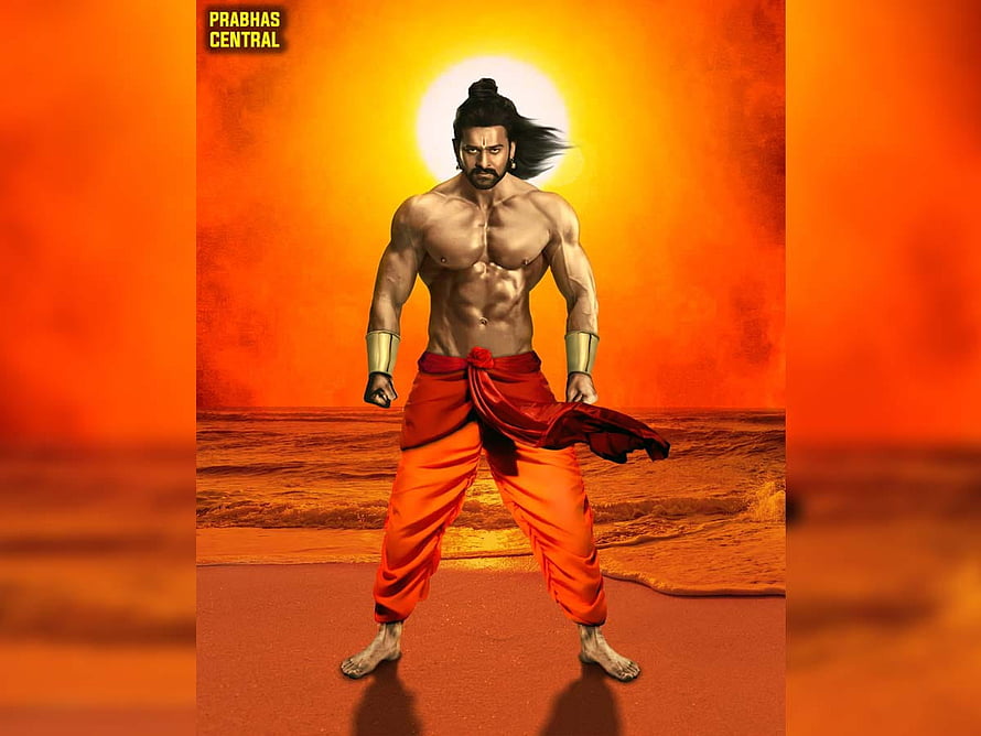 Prabhas Adipurush Warrior Pose with Red Dhoti and Golden Bracers Against Orange Sky HD wallpaper