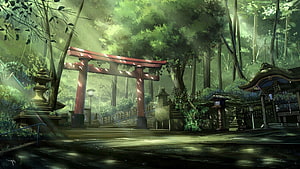 Misty Japanese Forest Shrine with Red Torii Gate and Stone Lanterns HD wallpaper