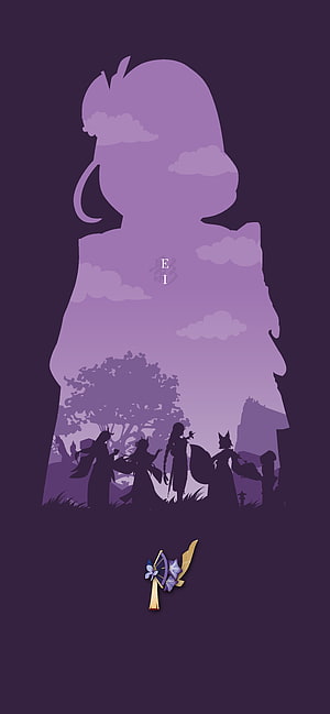 Genshin Impact Raiden Shogun Silhouette with Traveler Group and Purple Sky HD phone wallpaper