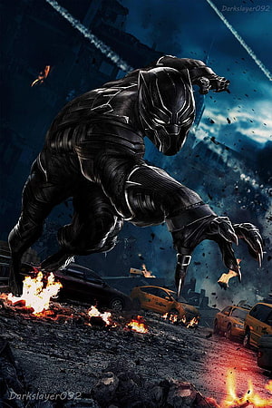 Black Panther leaping through a fiery urban battlefield with burning cars and debris HD phone wallpaper