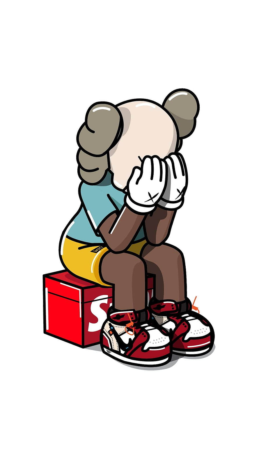 Kaws Companion Character Sitting on Red Box with Head in Hands HD phone wallpaper