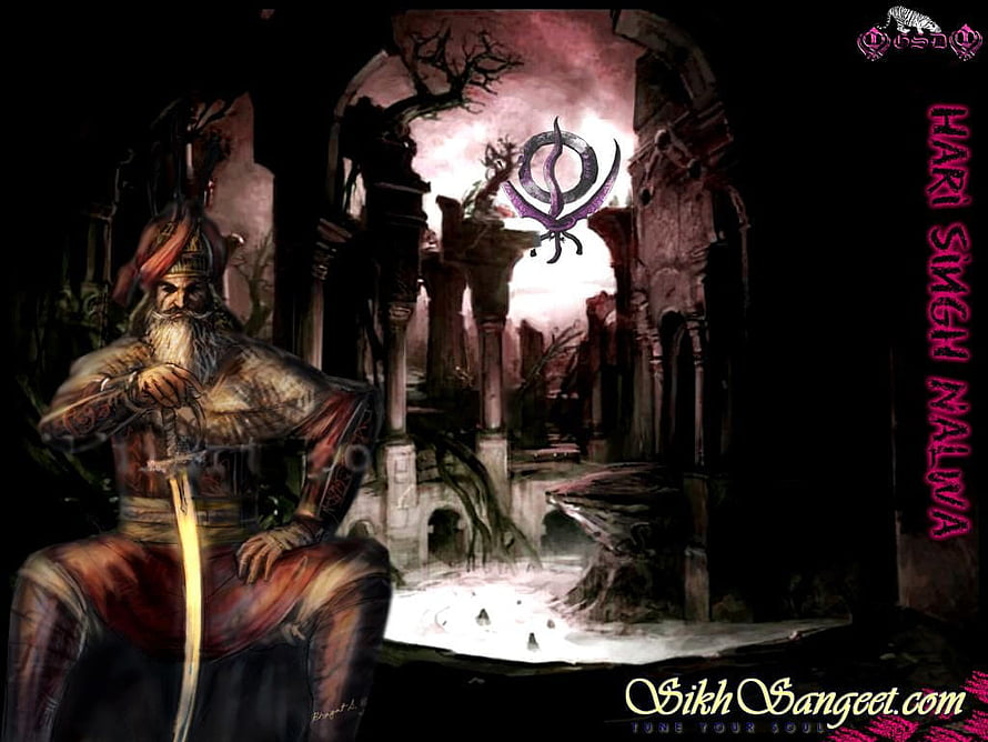 Hari Singh Nalwa Digital Artwork with Khanda Symbol and Ruined Temple Setting HD wallpaper