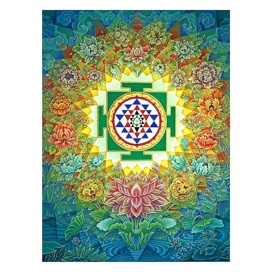Sri Yantra Mandala Artwork with Vibrant Lotus Flowers and Traditional Floral Patterns HD phone wallpaper