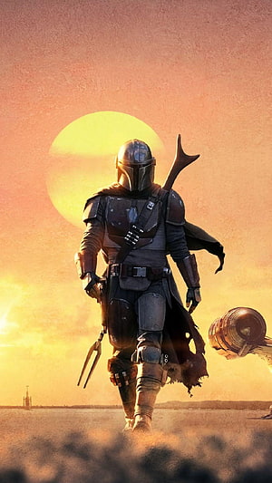 The Mandalorian Walking Through Desert Dunes at Sunset with Beskar Armor and Cape HD phone wallpaper