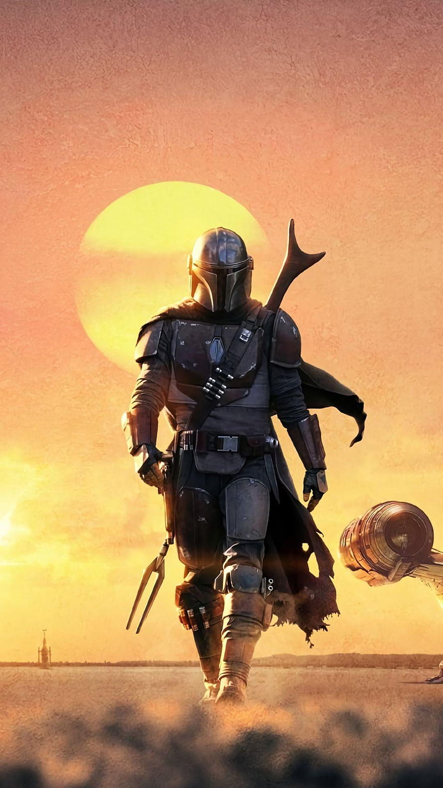 The Mandalorian Walking Through Desert Dunes at Sunset with Beskar Armor and Cape HD phone wallpaper