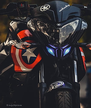Custom Pulsar NS200 Motorcycle with Captain America Shield Decal and Blue LED Headlights HD phone wallpaper