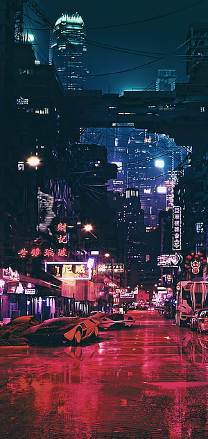 Ghost In The Shell Cyberpunk Cityscape with Neon Signs and Rainy Street HD phone wallpaper