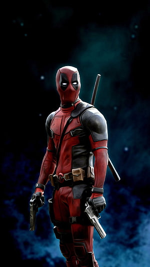 Deadpool in Red and Black Tactical Suit Holding Dual Pistols Against Dark Background HD phone wallpaper