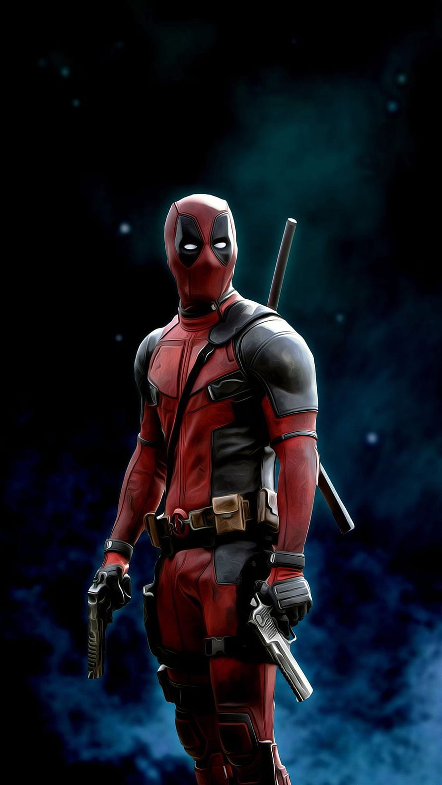 Deadpool in Red and Black Tactical Suit Holding Dual Pistols Against Dark Background HD phone wallpaper
