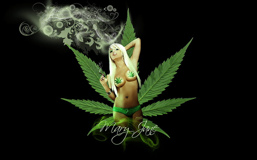 Stylized Woman with Cannabis Leaves and Smoke on Black Background HD wallpaper
