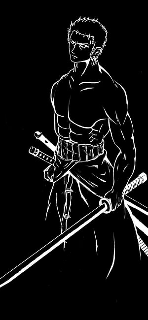 Roronoa Zoro from One Piece in a high-contrast black and white line art illustration HD phone wallpaper