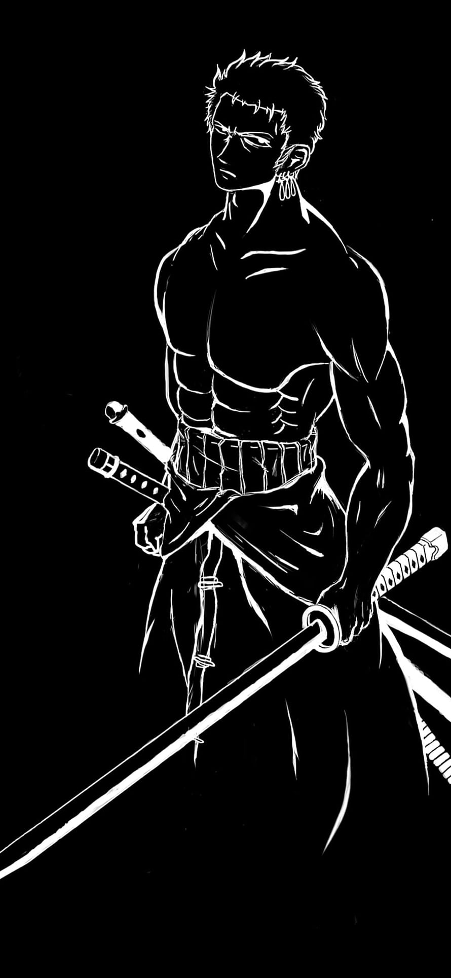 Roronoa Zoro from One Piece in a high-contrast black and white line art illustration HD phone wallpaper