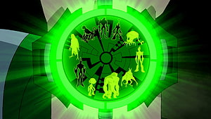 Ben 10 Omnitrix Alien Selection Interface with Glowing Green Silhouettes HD wallpaper