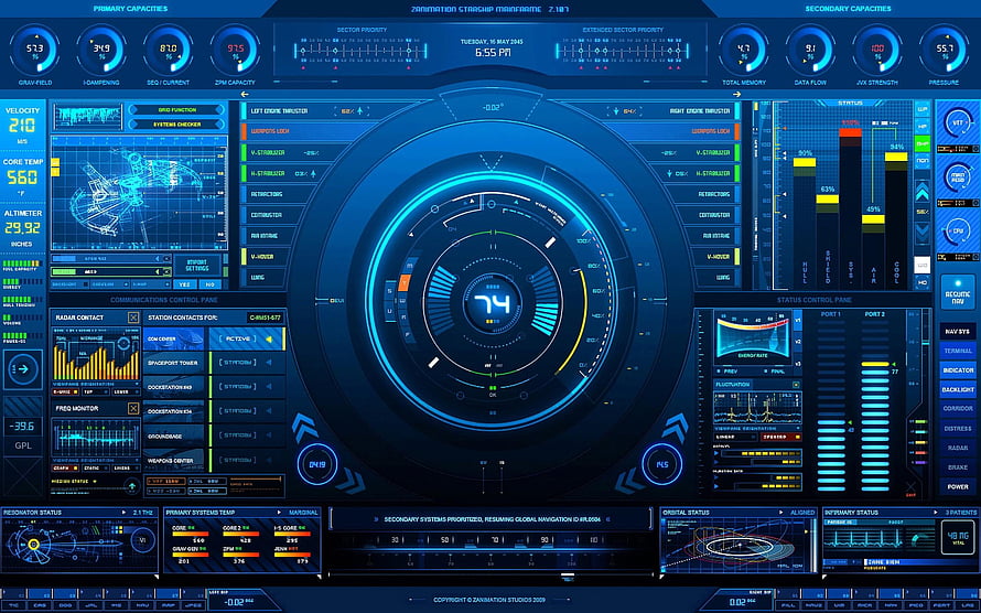 Futuristic Sci-Fi Spaceship Cockpit HUD Interface with Blue Digital Dashboard HD wallpaper