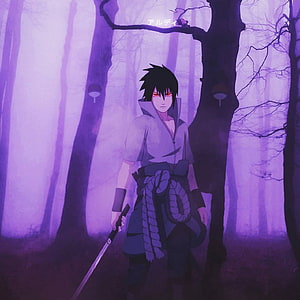 Sasuke Uchiha in Purple Mist Forest with Sharingan and Sword HD phone wallpaper
