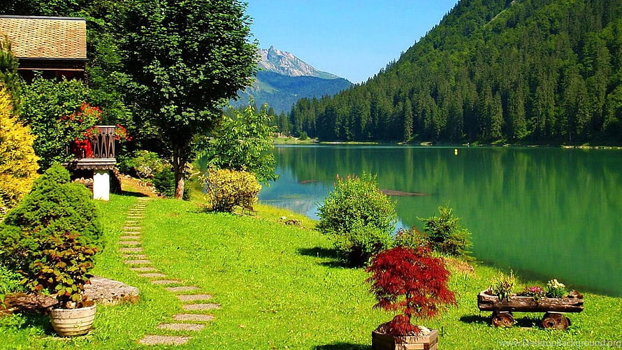 Serene Alpine Lake View With Lush Green Garden And Mountain Reflections HD wallpaper