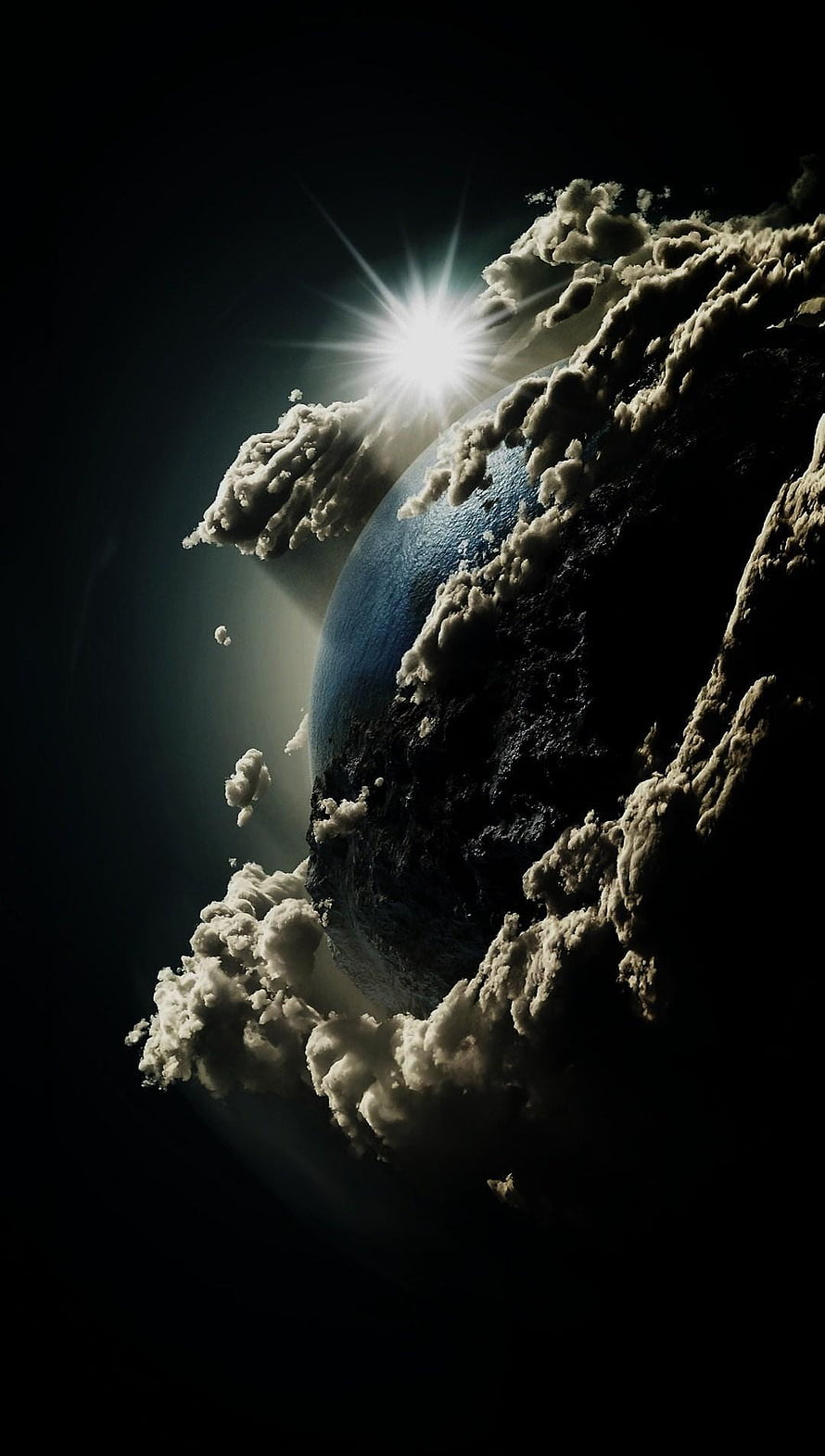 Dramatic Planet Eclipse with Sun Flare and Clouds in Deep Space HD phone wallpaper