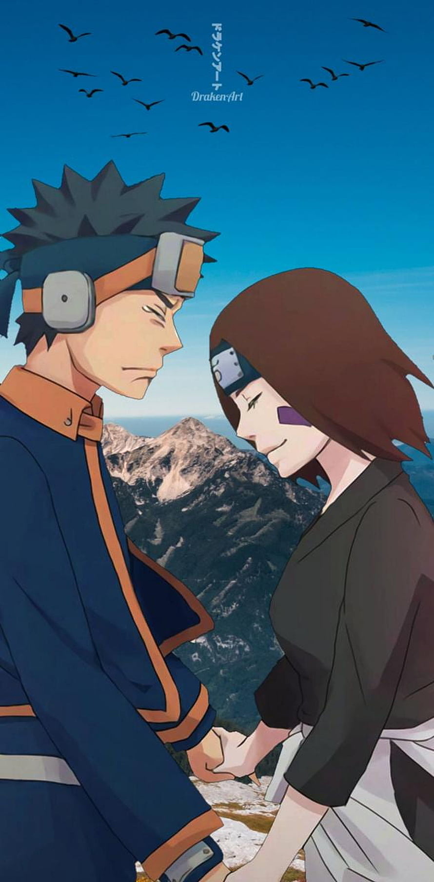 Obito and Rin Sharing Hands in a Serene Mountain Landscape HD phone wallpaper