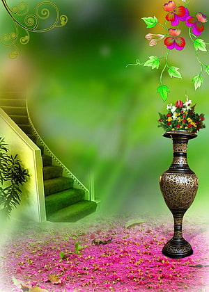 Ornate Bronze Vase with Colorful Flowers on Pink Carpet with Green Staircase and Floral Vines HD phone wallpaper