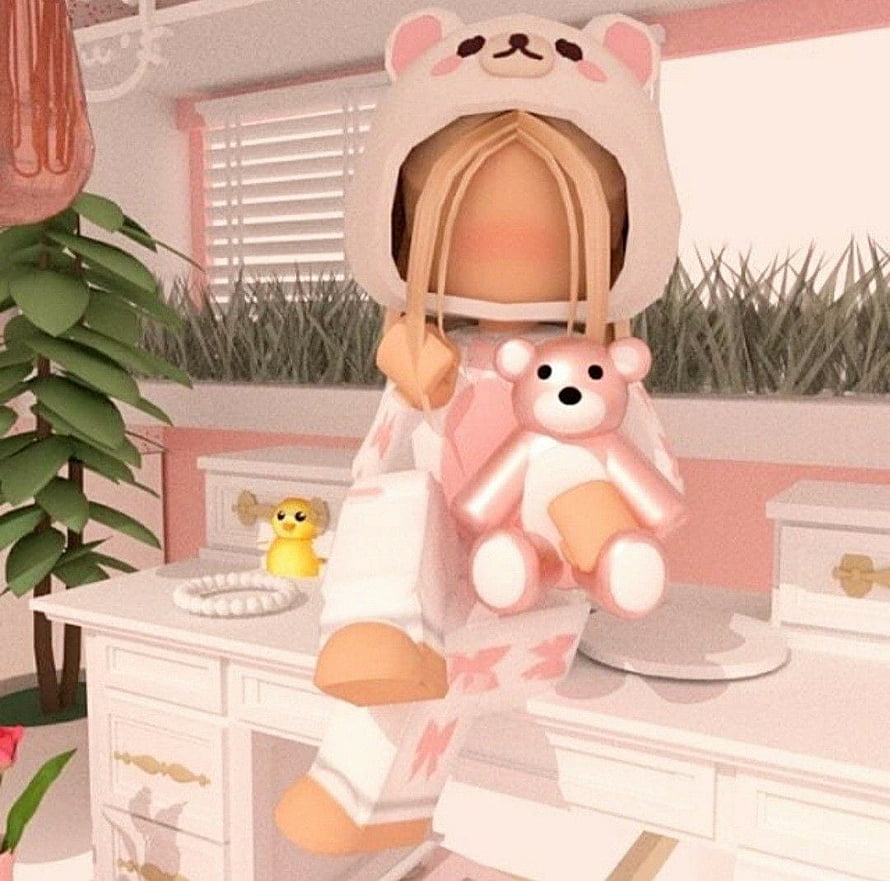 Cute Roblox Girl Avatar in Bear Hoodie Holding Pink Teddy Bear in Pastel Room HD wallpaper